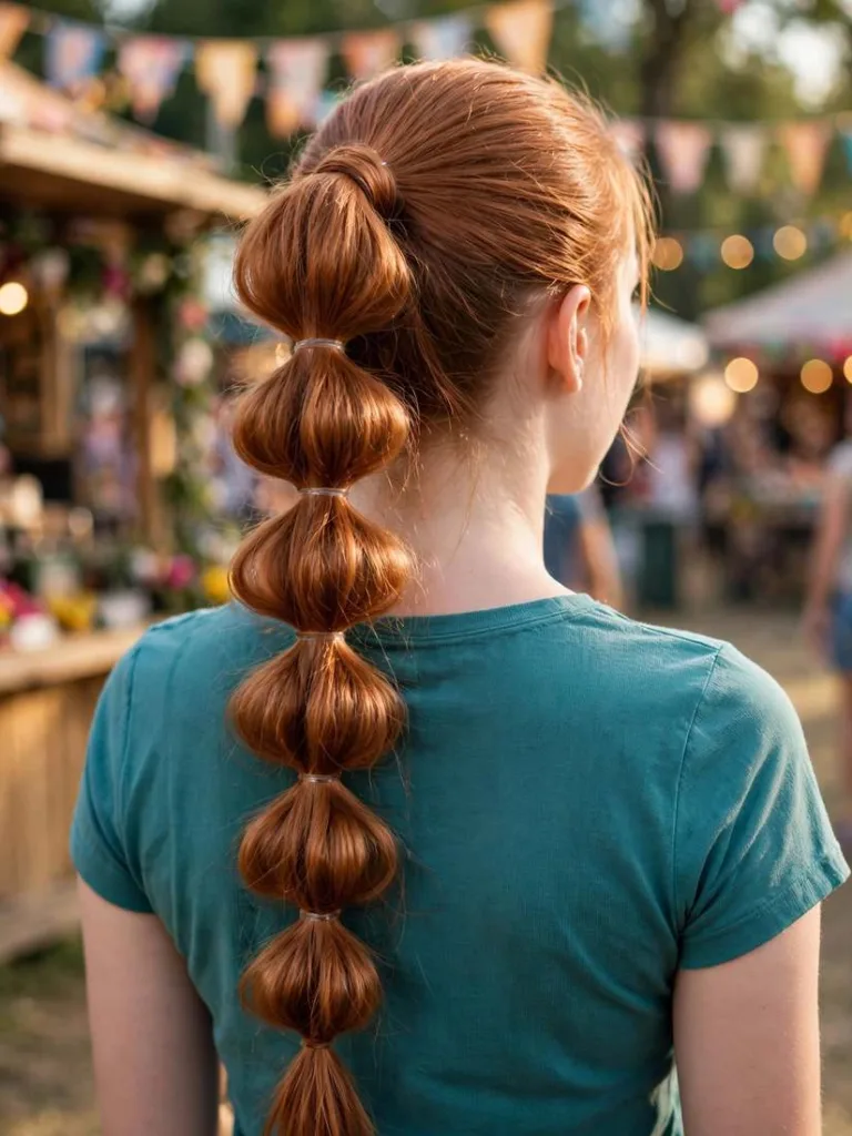 Bubble braid ponytail sectioned with clear elastics on copper hair