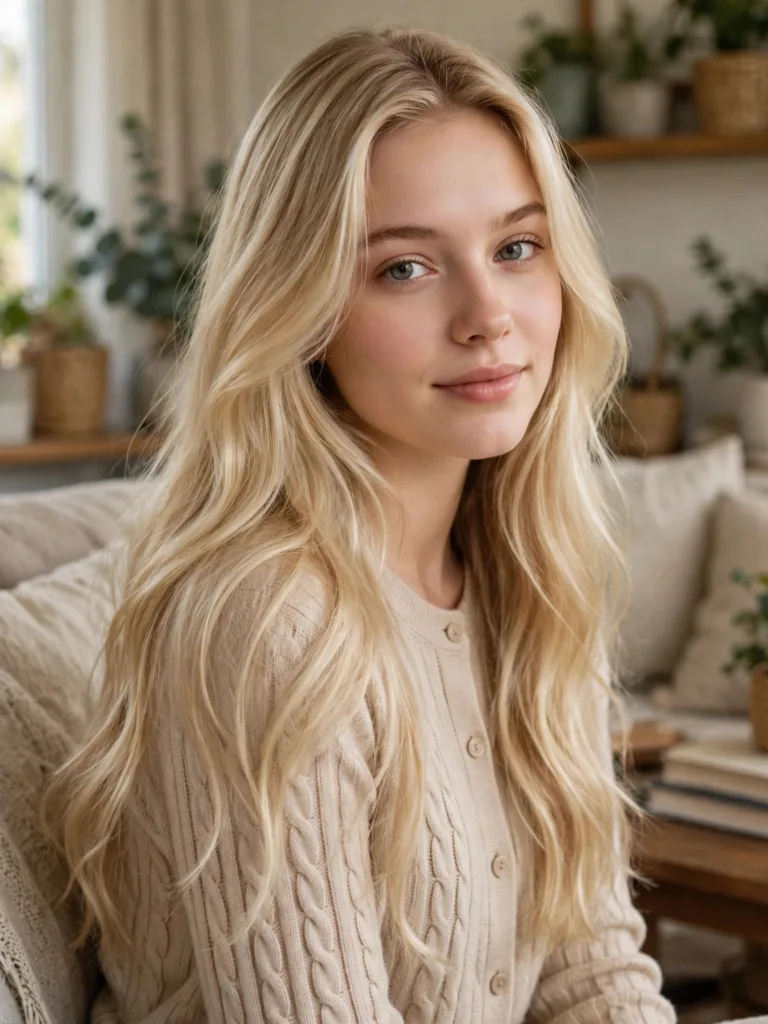 Long cashmere blonde hair in buttery beige with a hint of pearl in front three-quarter view