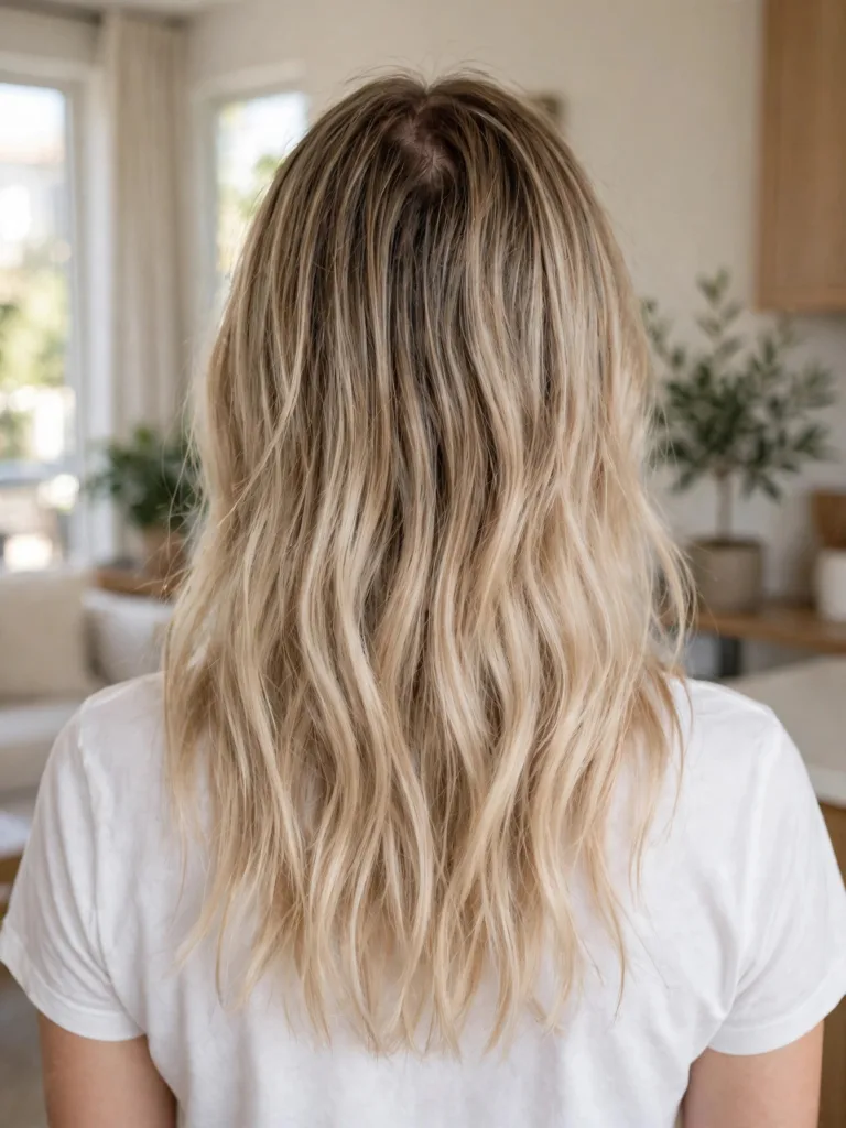 Back view of blonde roots melting into lighter beige balayage ends with a plain shirt back