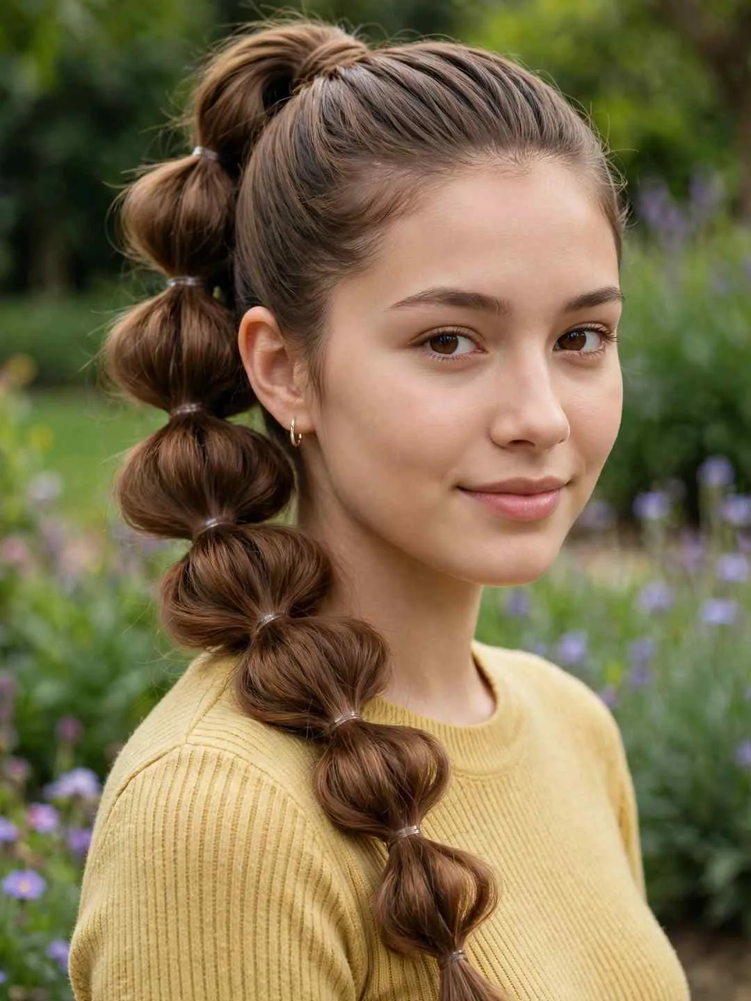 Bubble ponytail sectioned with small elastics down the tail