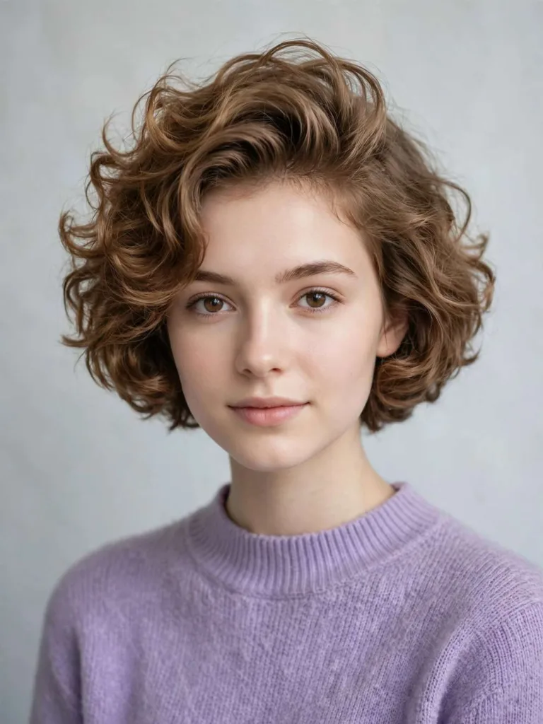 Woman with soft curled bob with root lift hairstyle in a winter setting
