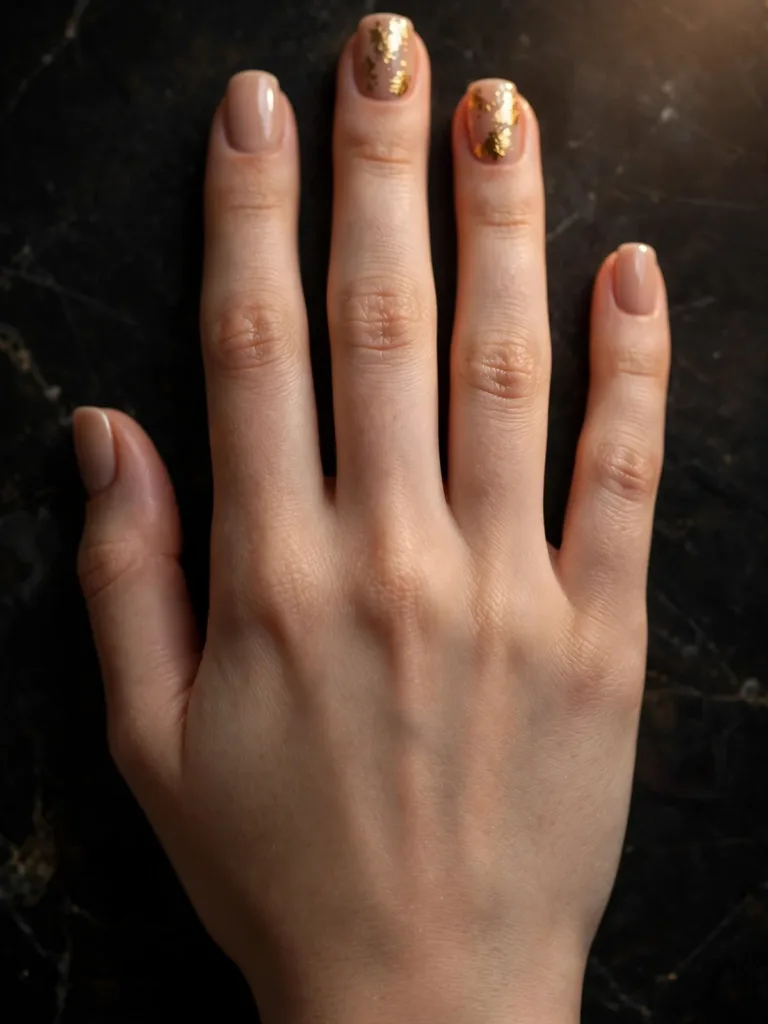 Gold foil accents over nude polish on short square nails, dorsal hand on black marble