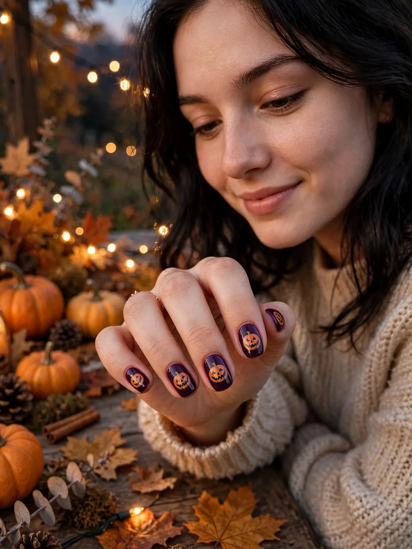 Deep plum nails with tiny hand-painted jack-o'-lantern faces
