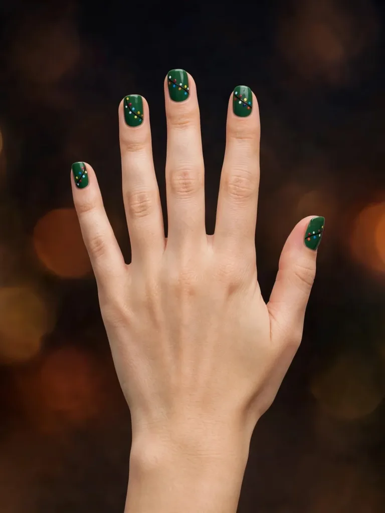 A dorsal view of one hand with a deep green base and flat painted string lights — a dark cord with tiny multicolor bulbs on every nail.