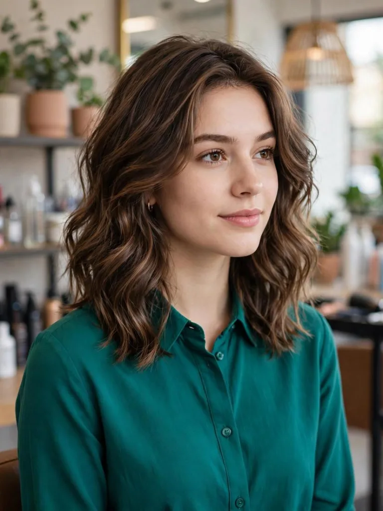 Wavy Layered Cut haircut on a woman in a bright salon, a 2026 hair trends idea