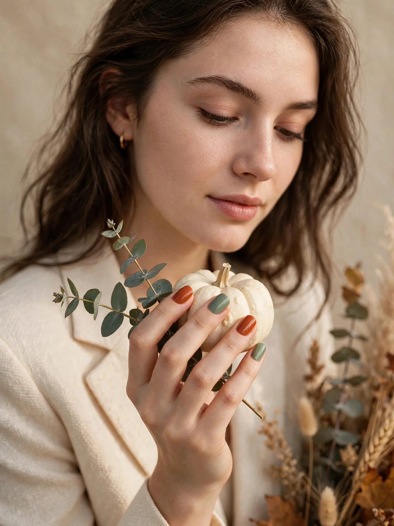 Alternating sage green and burnt-orange nails