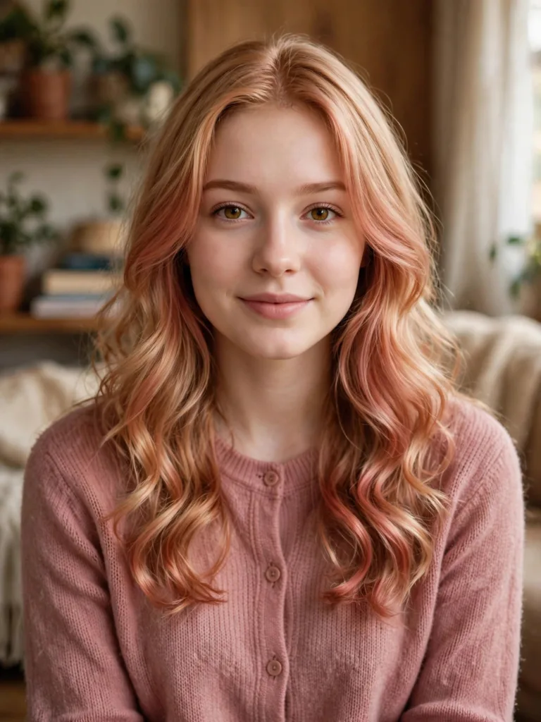 Front view of long strawberry blonde hair with a soft natural copper-pink tint