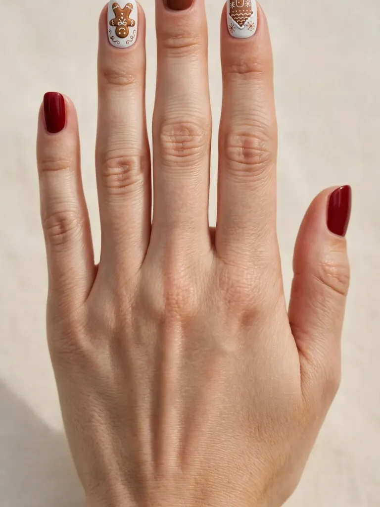 Deep red, white gingerbread art, and cocoa accent nails