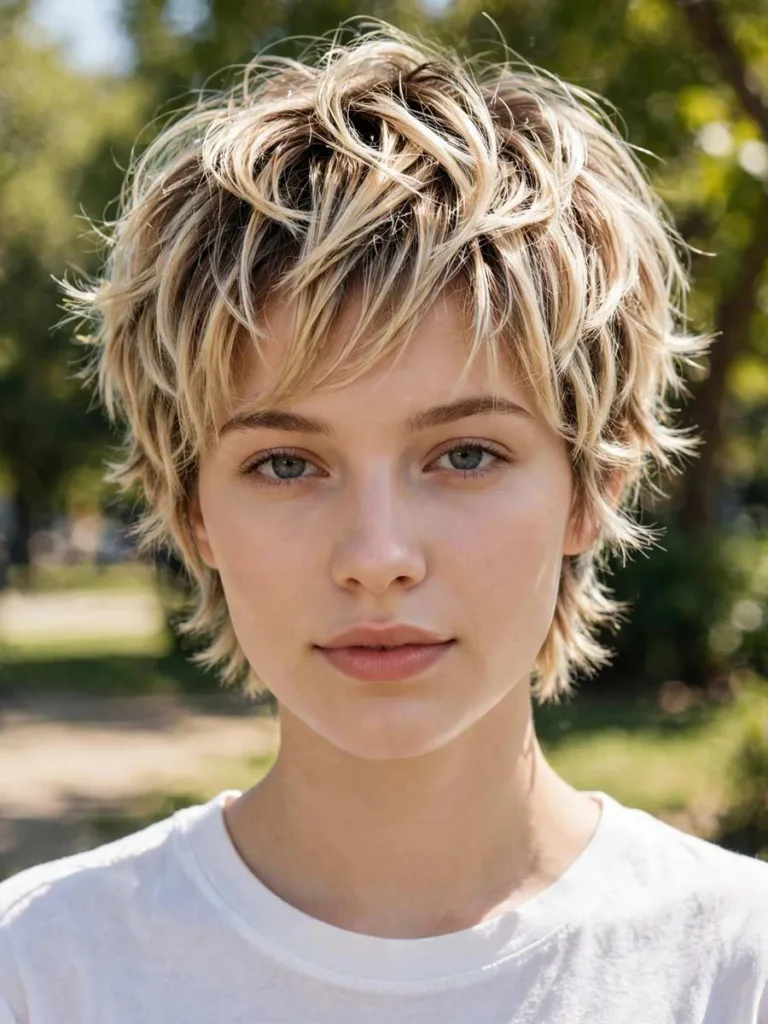 Blonde Bixie With Root Shadow on a woman in her early 20s, short layered hair
