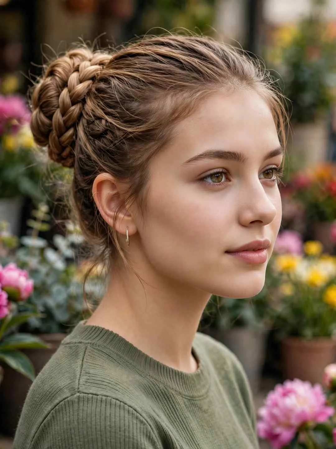 Braided ponytail wrapped and pinned into a bun at the base