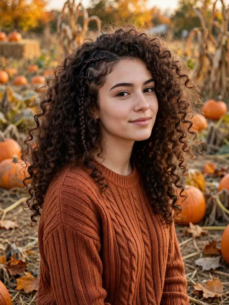 Woman with curly hair down with a front braid hairstyle at a pumpkin patch in fall