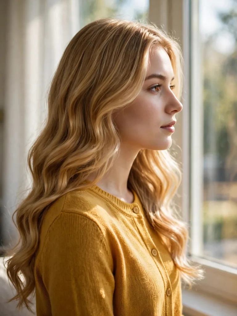 Side view of long golden blonde hair with warm gold tones and glossy loose waves
