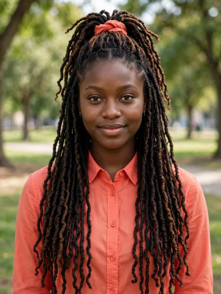 Woman with half-up half-down faux locs tied at the crown