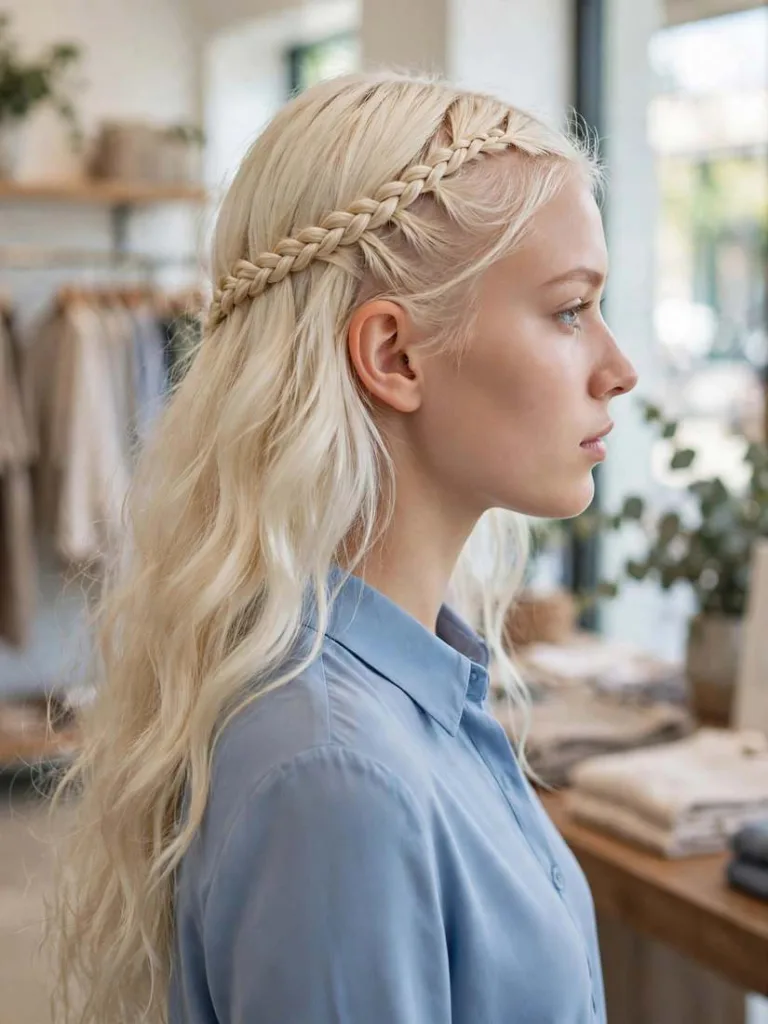 Slim lace braid along the part with long loose blonde hair