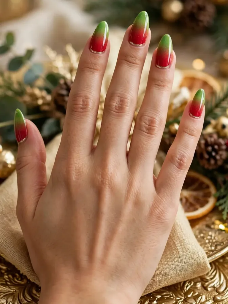 A dorsal view of one hand with a red-to-green ombre melting from the cuticle to the tip and a thin gold transition line.