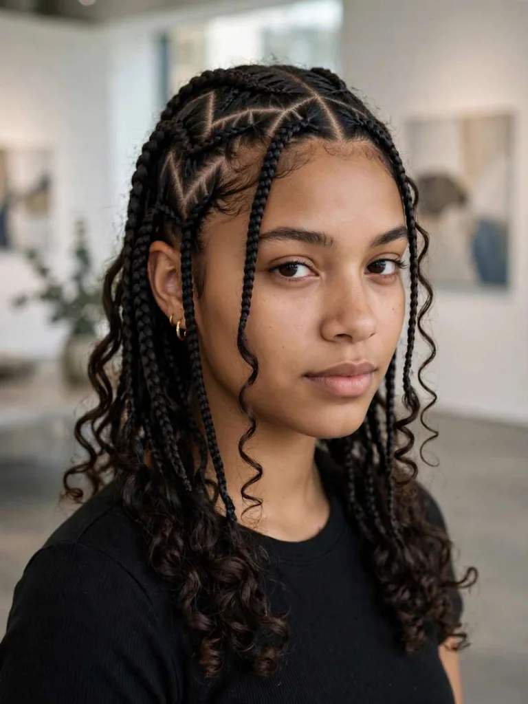 Triangle-part boho braids with geometric triangle parting at the scalp