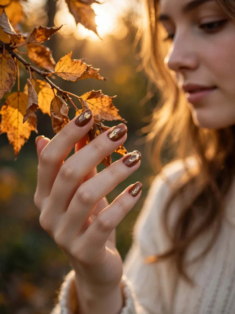 Gold autumn leaf decals on chestnut brown nails