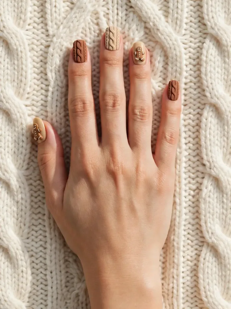 Cable-knit textured nails in beige and cocoa with gingerbread men accents