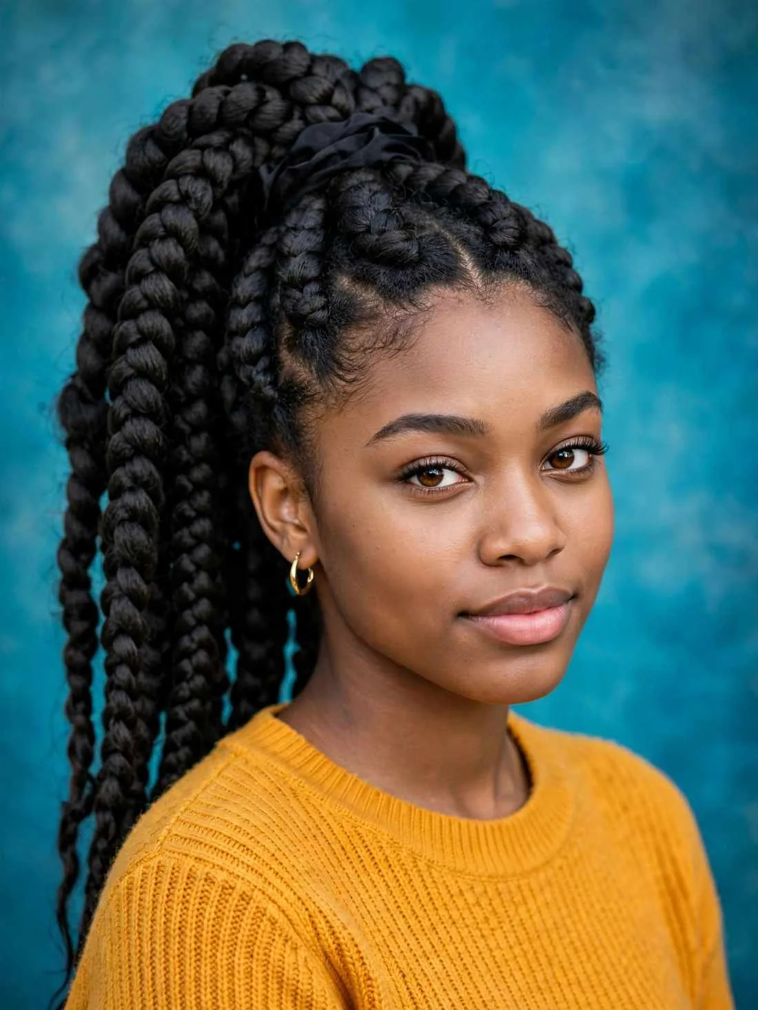 Jumbo braids gathered into a ponytail with chunky texture