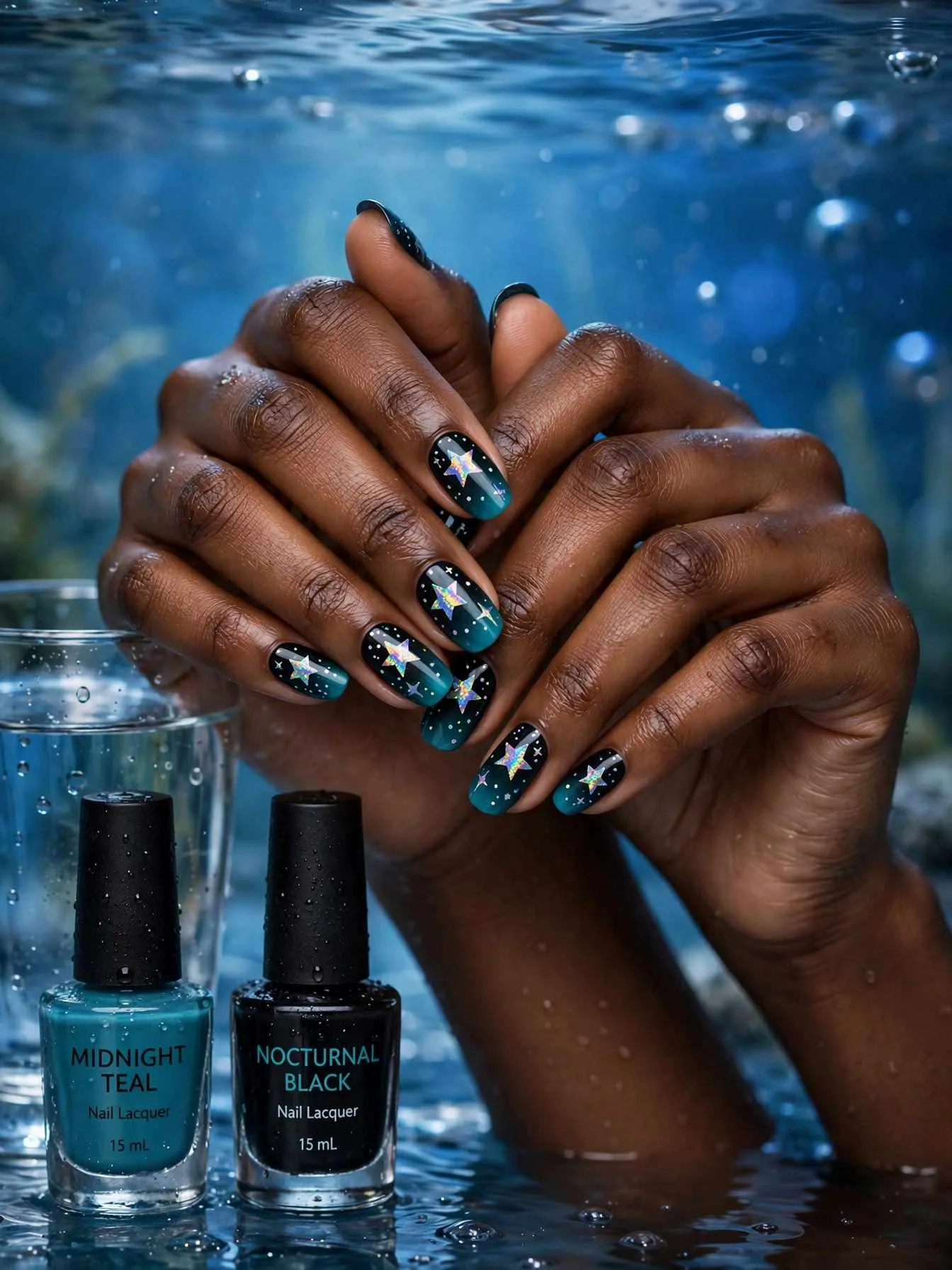 Black to teal layered nails with holographic star decals and dotted filler stars, hands near glass with an aquarium blue backdrop
