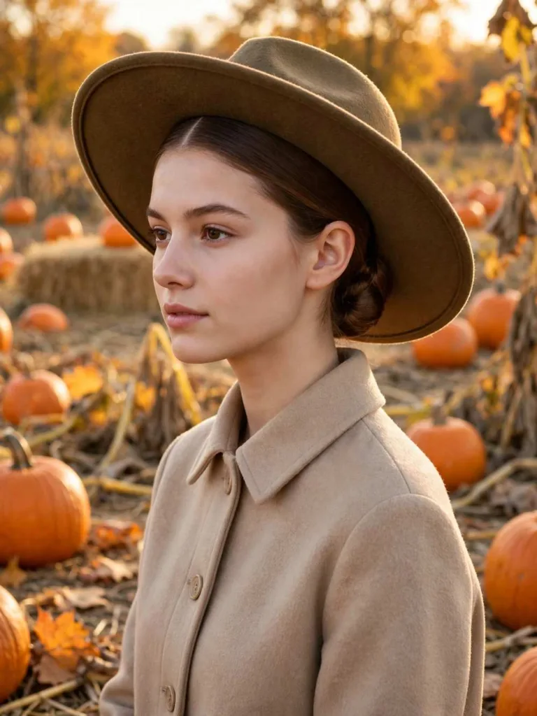 Woman with sleek low bun under a wide hat hairstyle at a pumpkin patch in fall