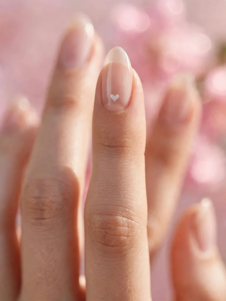 Ring finger with a tiny white heart on sheer nude engagement nails