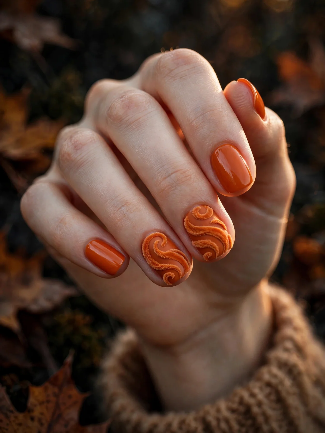 Pumpkin nails with velvet flocking powder swirl texture
