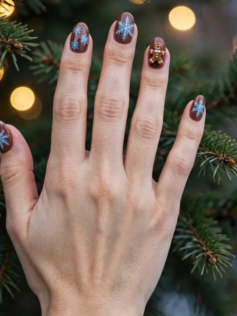 Cocoa nails with white snowflakes and a tiny gingerbread man