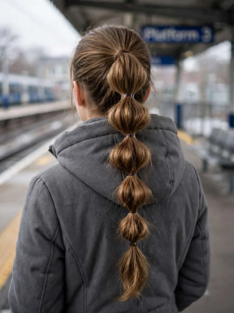 Woman with bubble braid ponytail for long hair hairstyle in a winter setting
