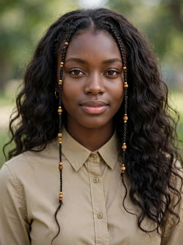 Woman with front braids with beads on loose hair hairstyle with beads