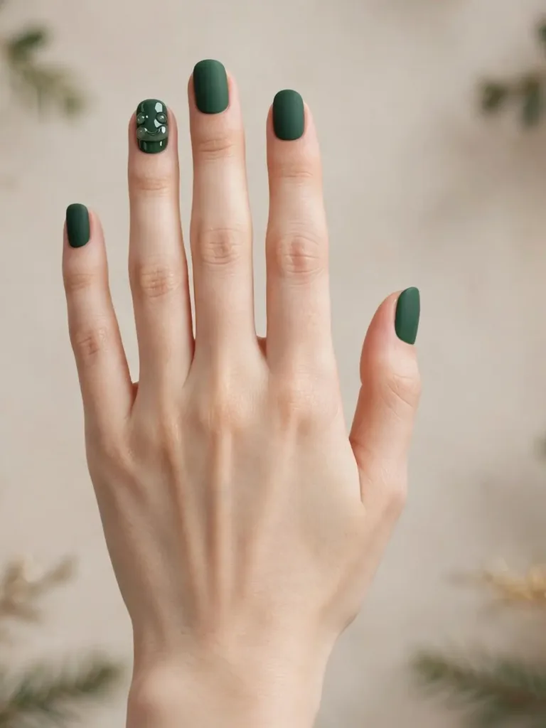 A dorsal view of one hand with a matte forest-green base and a subtle glossy green cartoon-face motif revealed on the ring-finger accent nail where the light catches it.