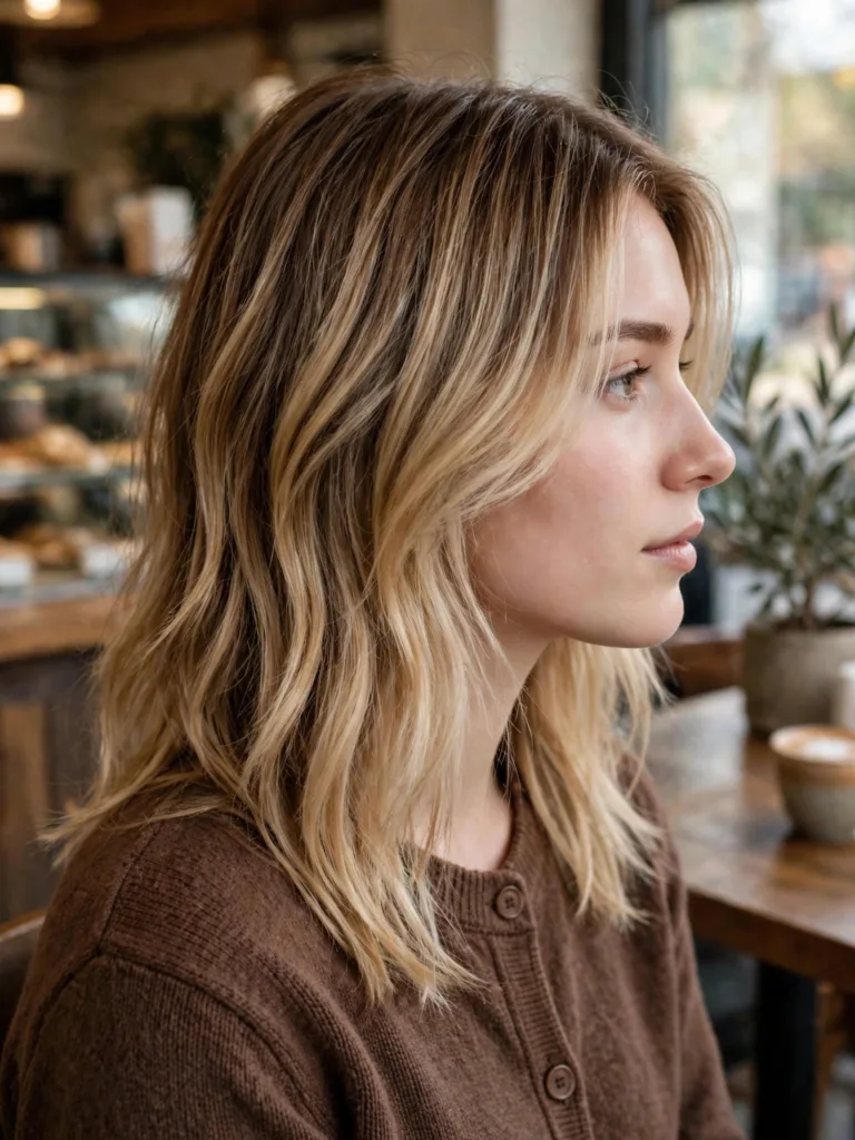 Side view of a toasted light-brown root melting into warm pale blonde ends