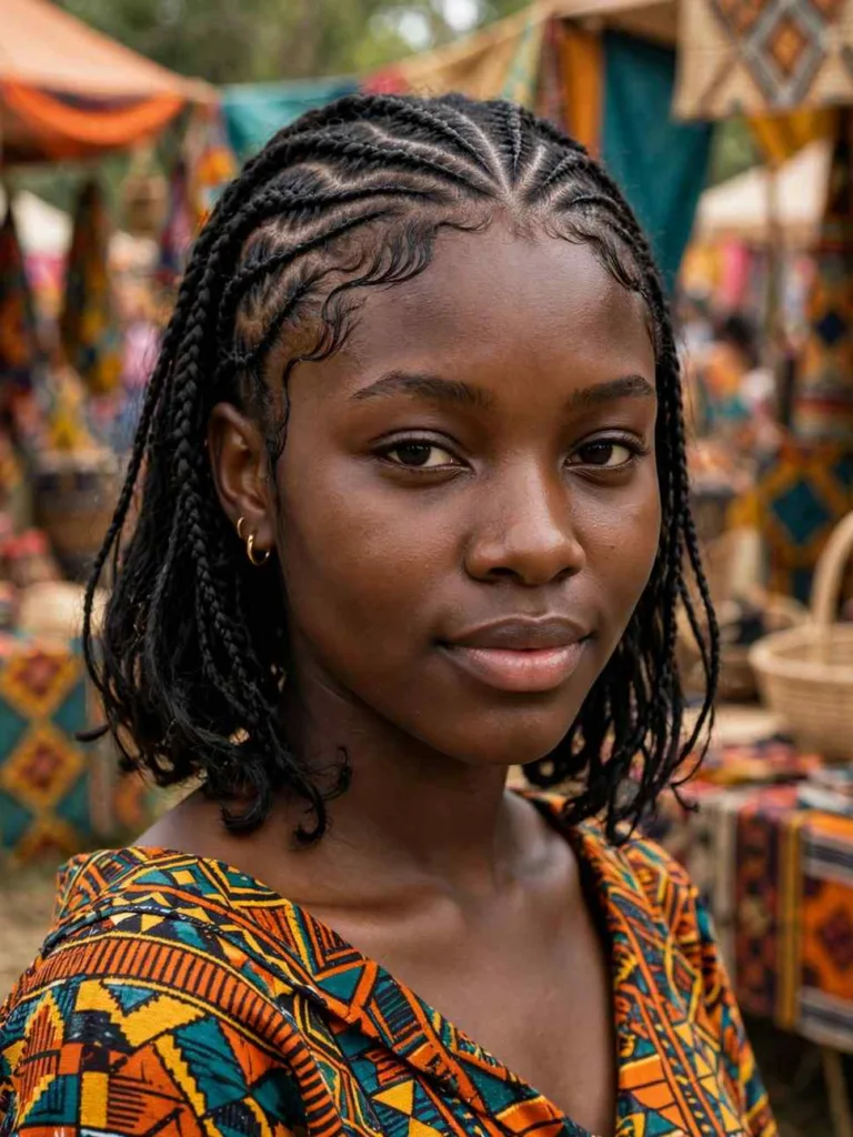 Tribal feed-in bob braids with patterned cornrows at the front