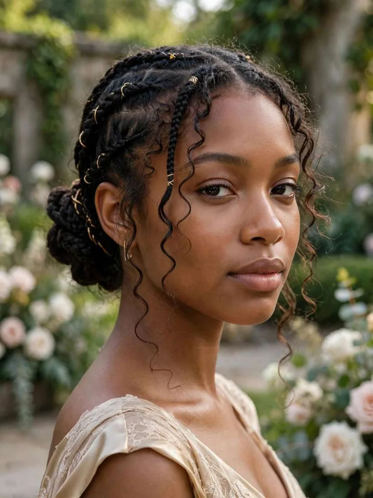 Boho braids twisted into a low chignon with curls escaping at the face