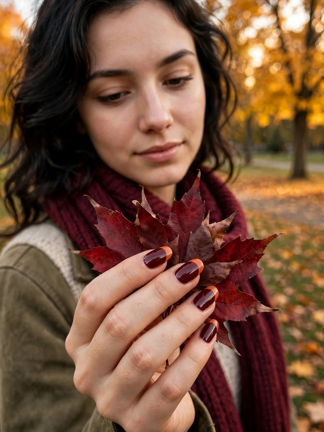 Deep burgundy nails with pumpkin-orange French tips