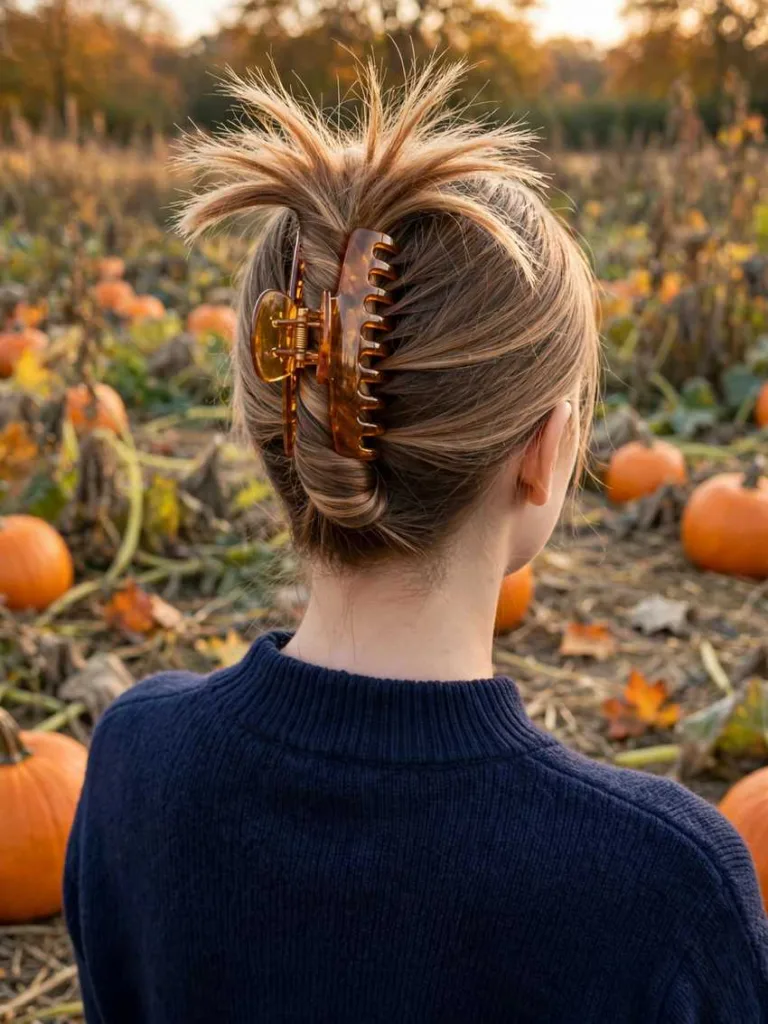 Woman with claw clip french twist with loose ends hairstyle at a pumpkin patch in fall