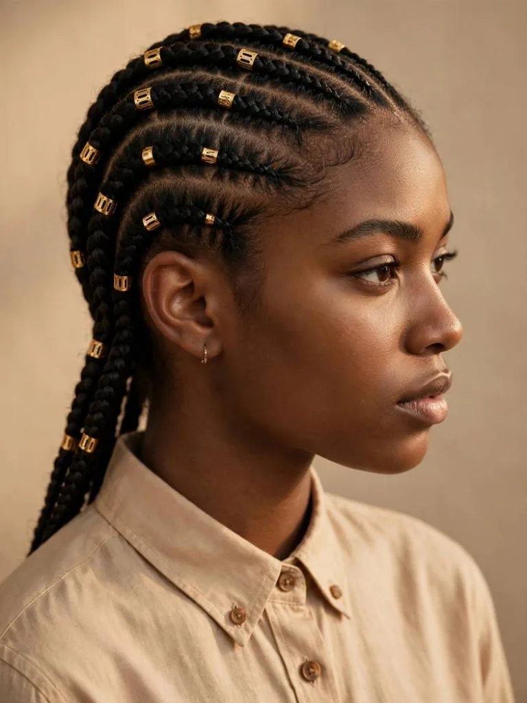 Woman with cornrows decorated with gold cuffs, side view