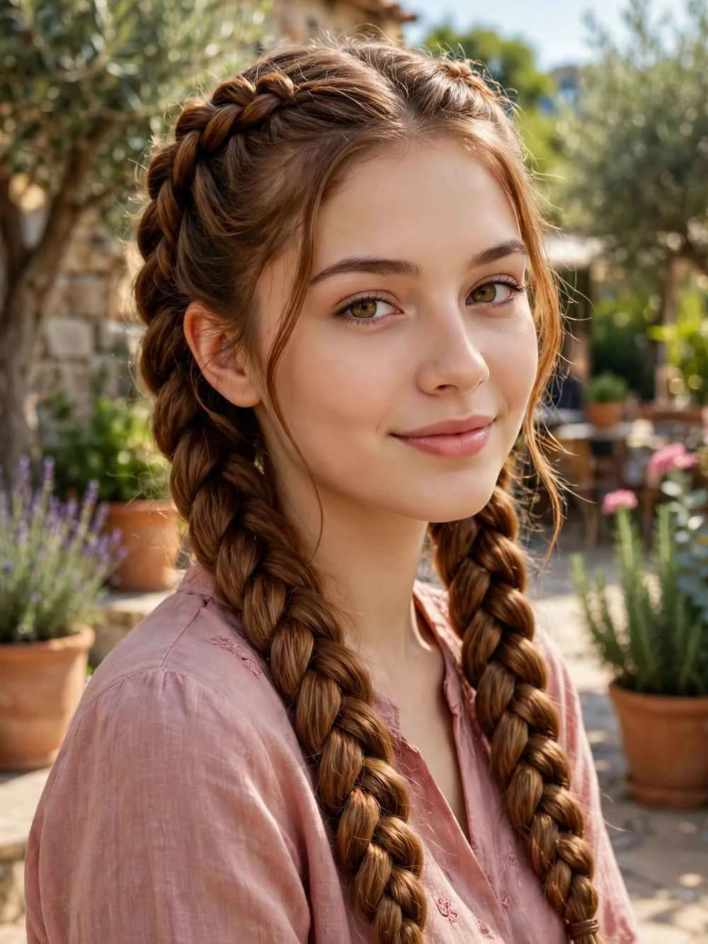 Two matching braided ponytails, one on each side