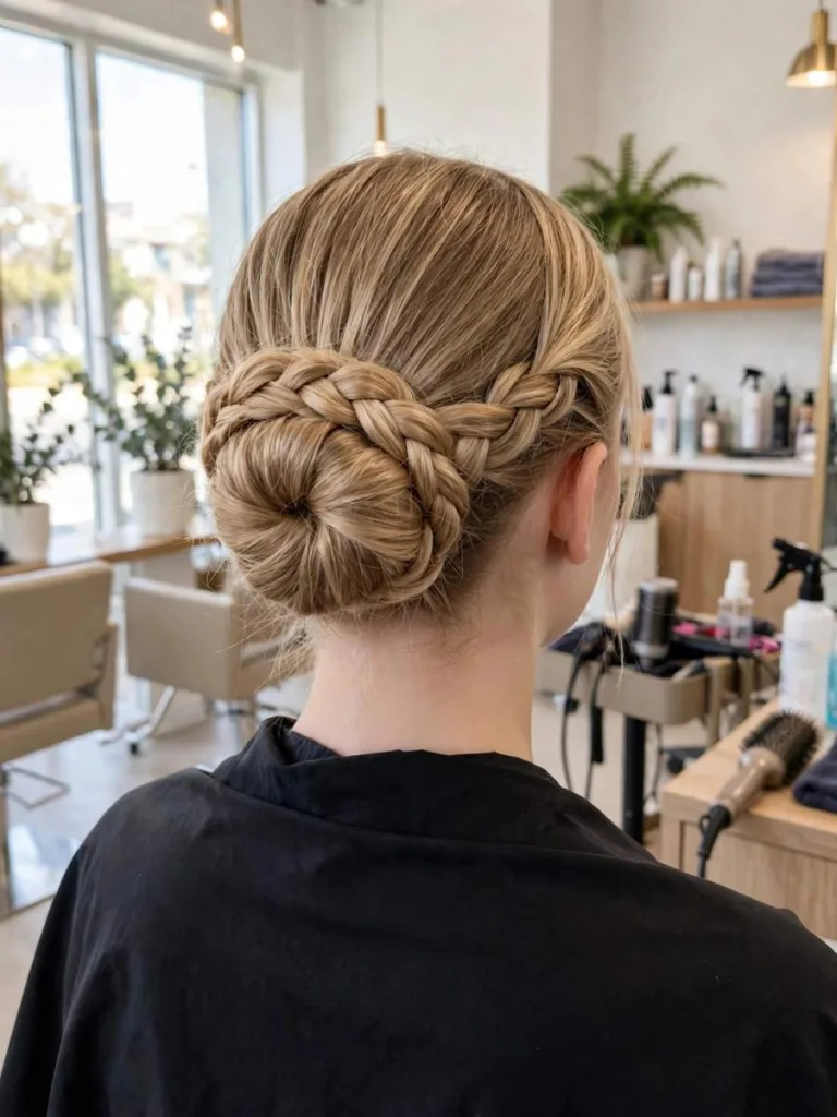Braided Bun With a Wrap Around Braid on a woman in her early 20s, braided bun hairstyle