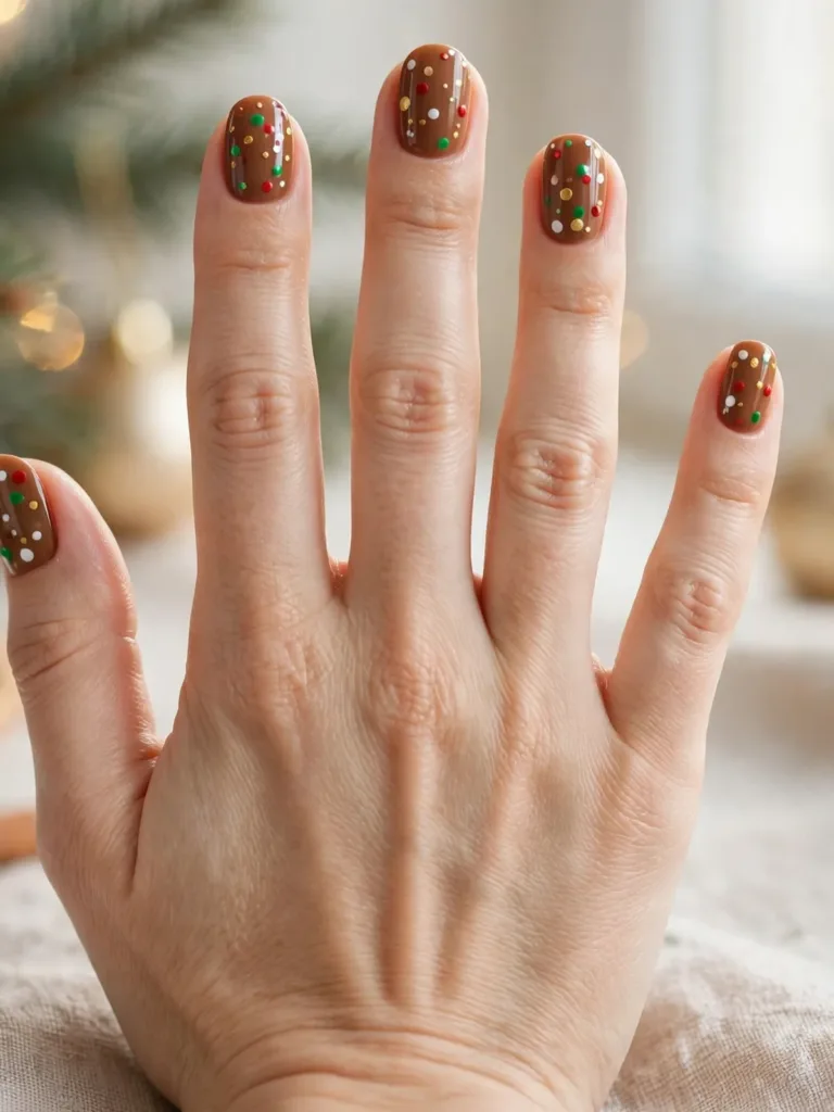 Caramel nails with scattered red, green, gold, and white candy sprinkle dots