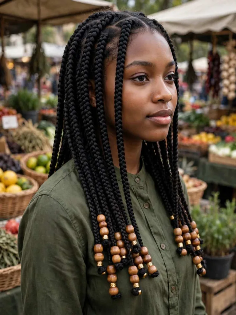 Woman with crochet braids finished with wooden beads and gold cuffs