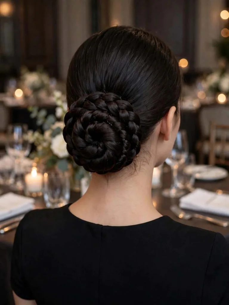 Braided low bun coiled at the nape on dark hair