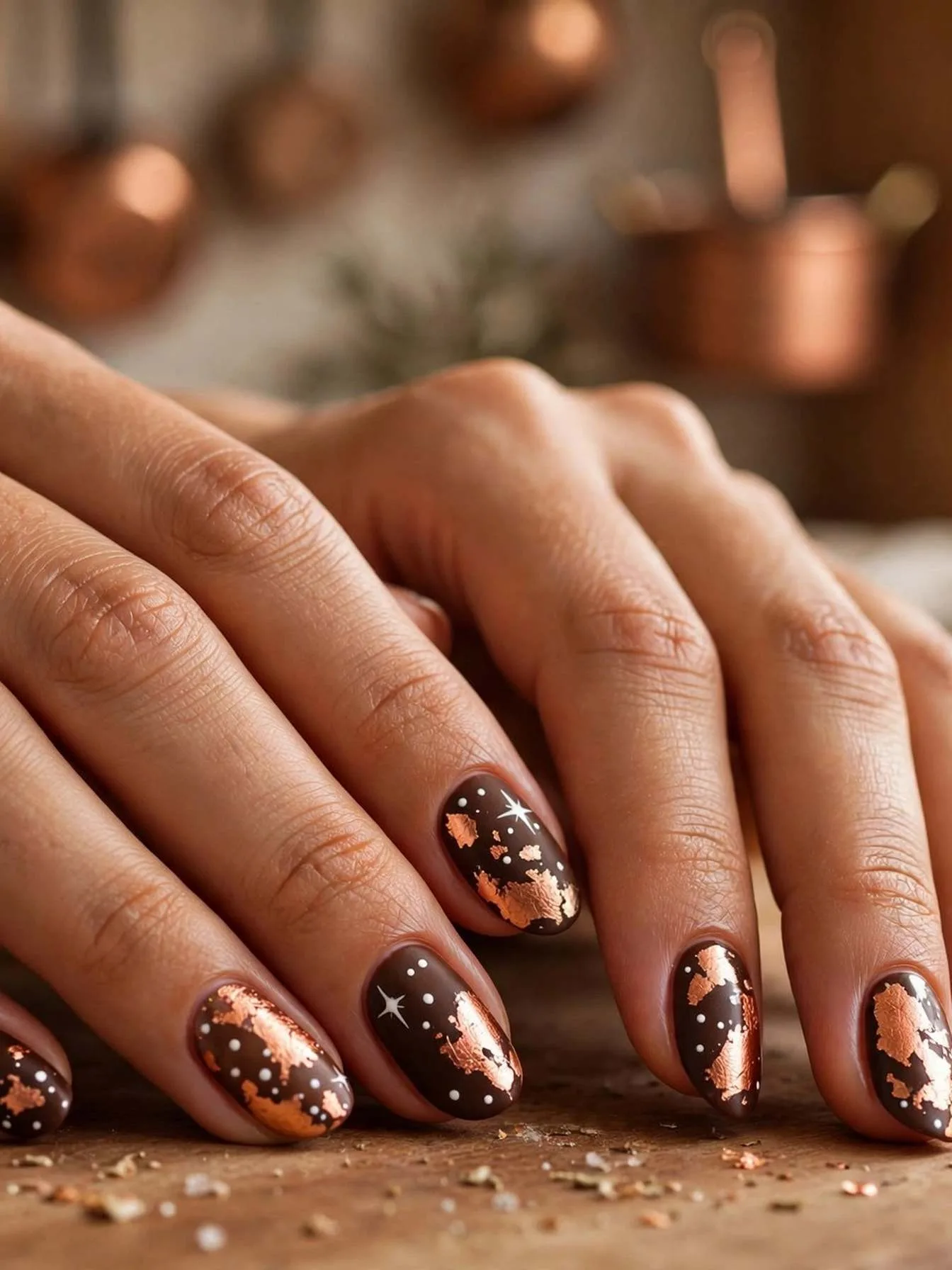 Close-up of hands with espresso brown nails, pressed copper leaf fragments and white dot stars, resting on a wooden board in a warm kitchen