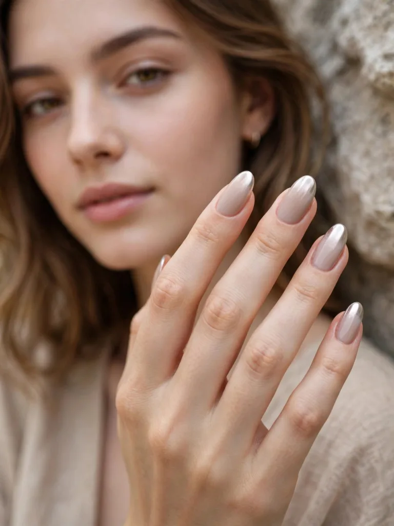 Matte base glazed donut nails with a soft-focus chrome glow