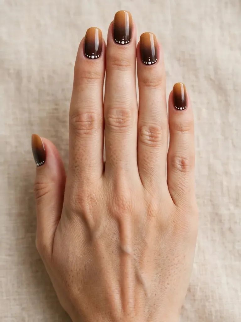 Gingerbread nails with a cocoa-to-caramel ombre fade and white icing dots at the cuticle
