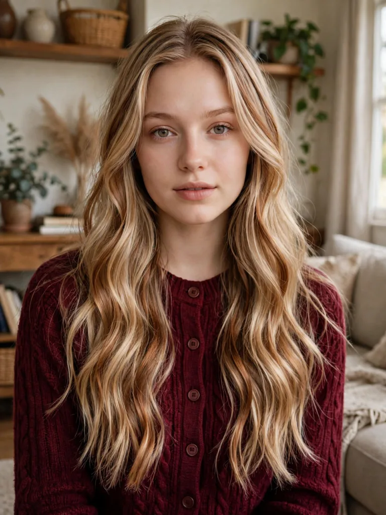 Front view of long blonde hair with warm caramel ribbon lowlights through the lengths