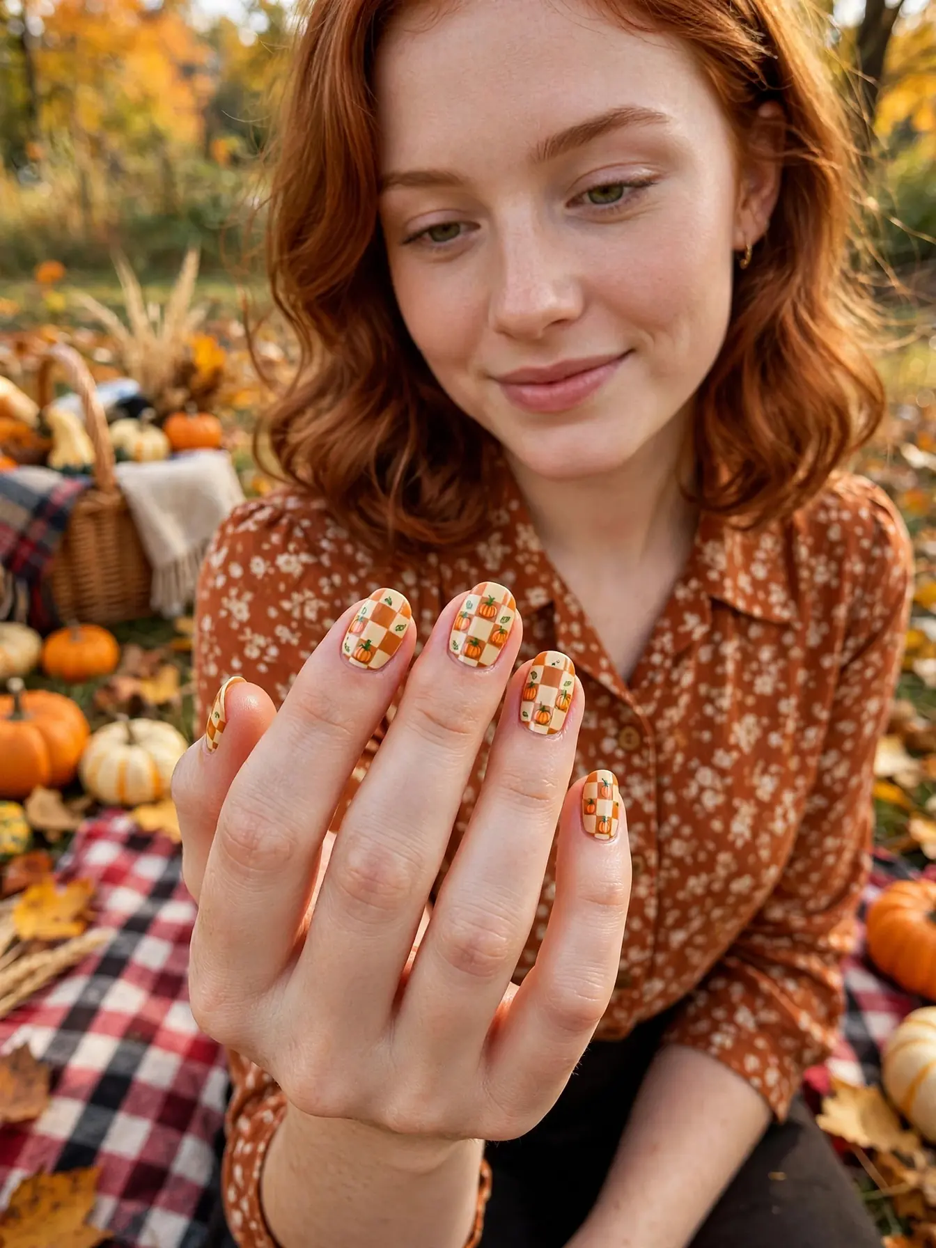 Pumpkin-and-cream checkerboard with tiny pumpkin motifs