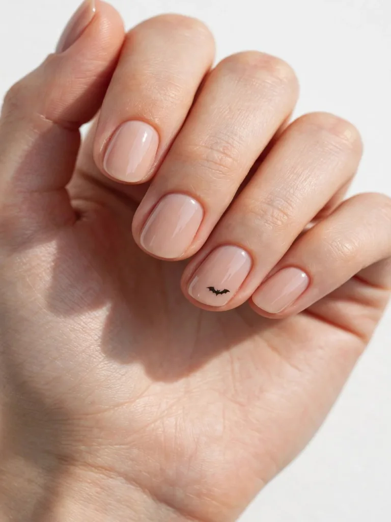 Minimalist nude nails with a single tiny black bat on the ring finger