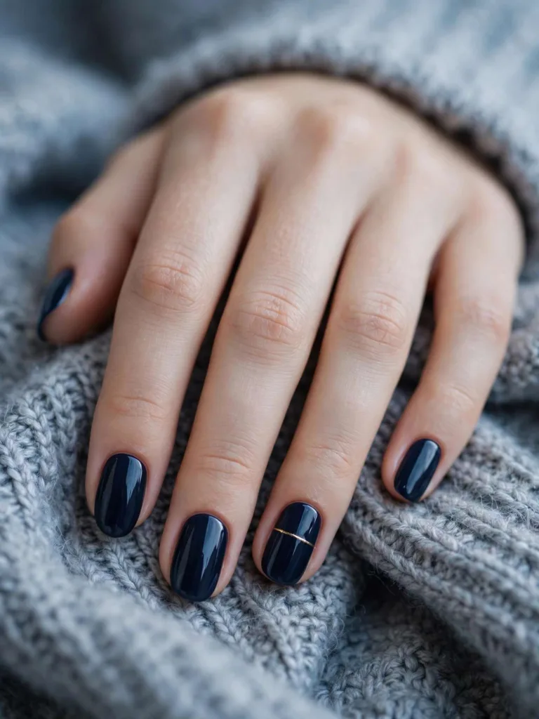Midnight navy glossy nails with a subtle gold line accent