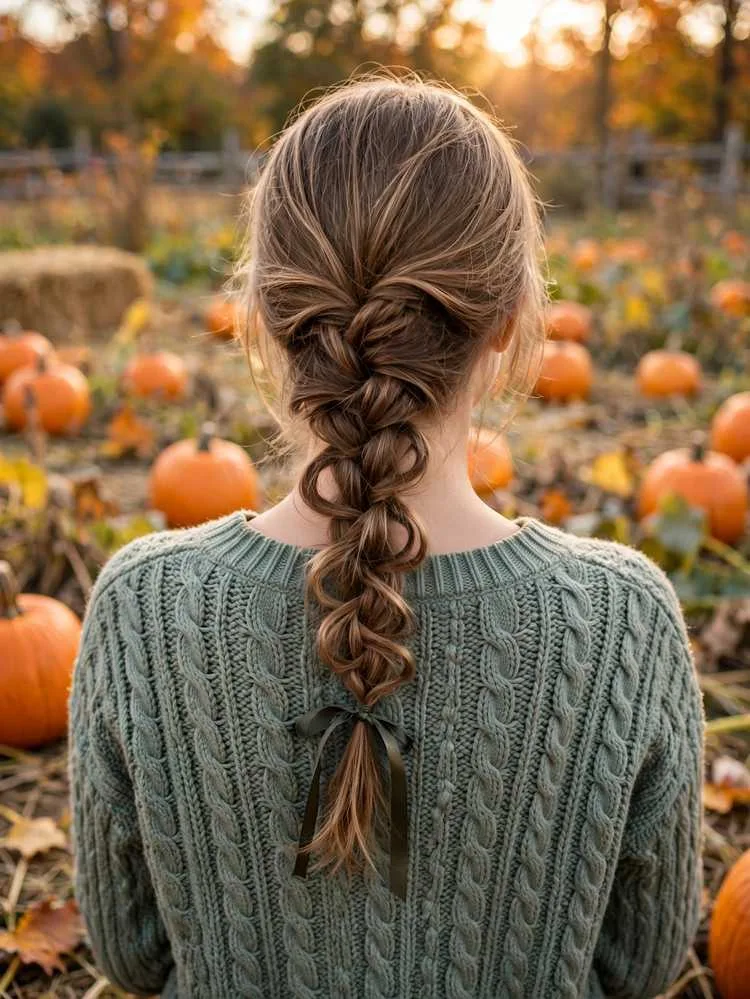 Woman with single low braid with loose loops hairstyle at a pumpkin patch in fall